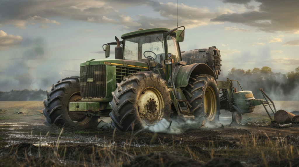 John Deere 3043D tractor with a flat tire, leaking oil, and smoke coming from the engine, surrounded by tools and a frustrated farmer.