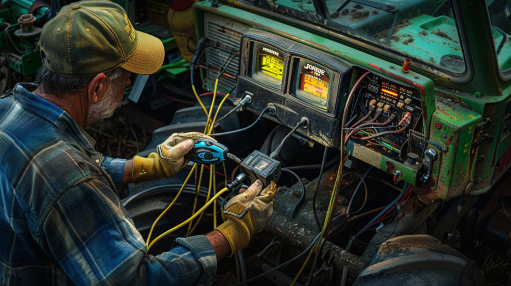 John Deere 4020 tractor with a flickering dashboard light, a frayed wiring harness, and a mechanic using a multimeter to troubleshoot the electrical system.