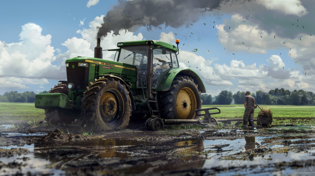 John Deere 4120 tractor with a smoking engine, leaking oil, and a flat tire in a muddy field. Show a frustrated farmer looking at the issues.