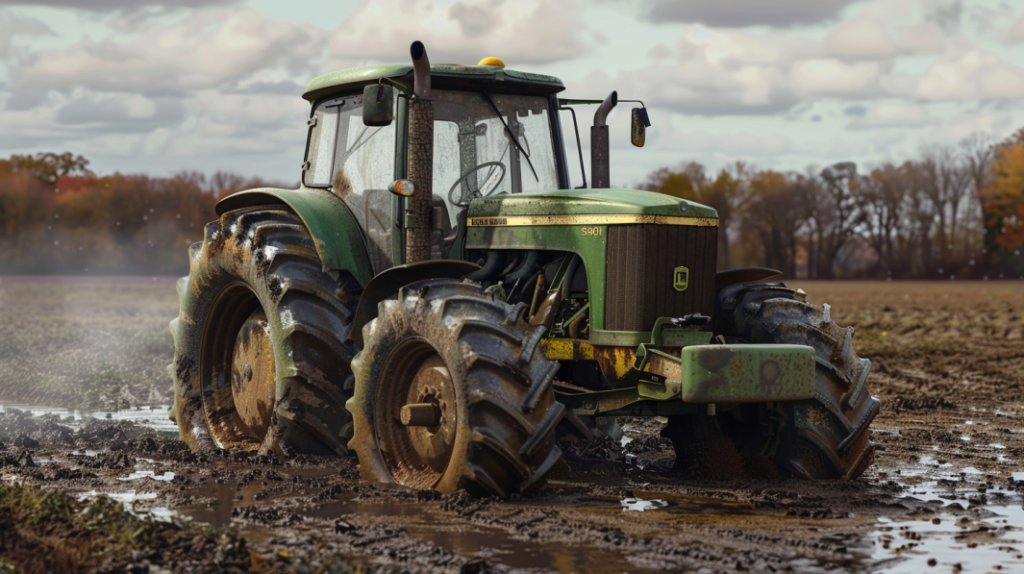 John Deere 5400 tractor with a smoking engine, leaking hydraulic fluid, and a flat tire in a muddy field. Shows the frustration and challenges of dealing with common problems.