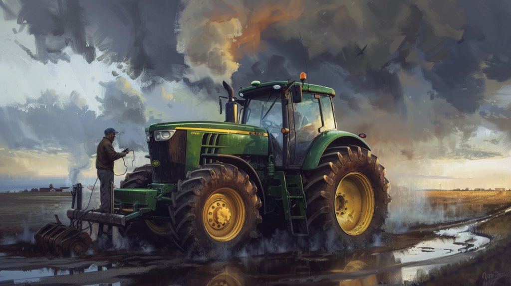 John Deere 5420 tractor with a mechanic inspecting its engine, a cloud of smoke coming from the exhaust, and a puddle of oil underneath.