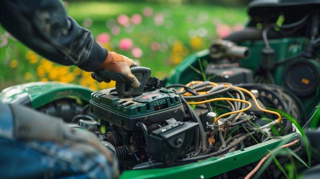 John Deere X580 riding lawn mower with a close-up of the ignition switch and battery terminals. Shows a frustrated user attempting to troubleshoot starting issues.