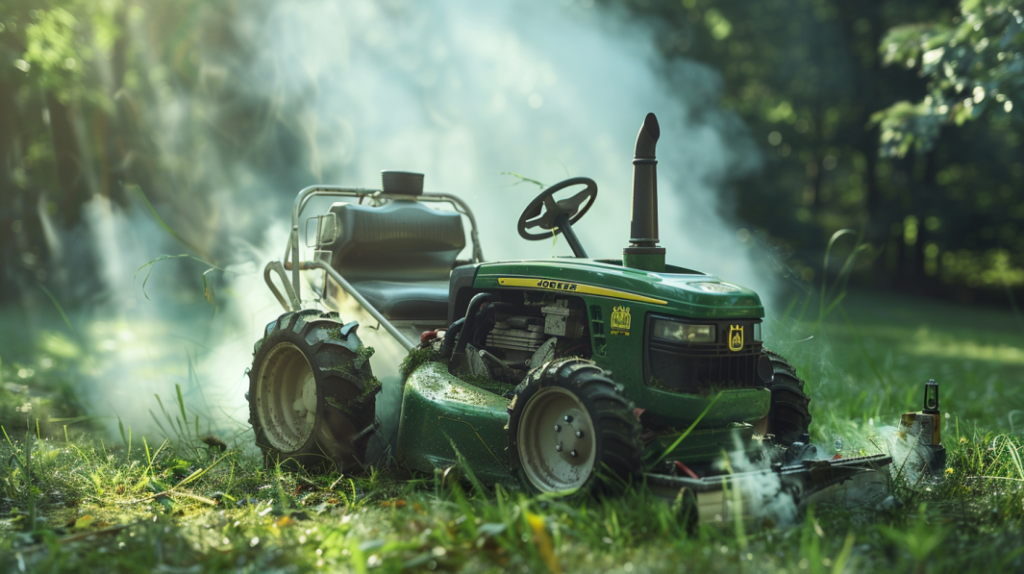 John Deere X580 riding mower with a smoking engine, flat tire, and tangled cutting deck belt. Include tools, oil, tire pump, and manual for troubleshooting and fixes.