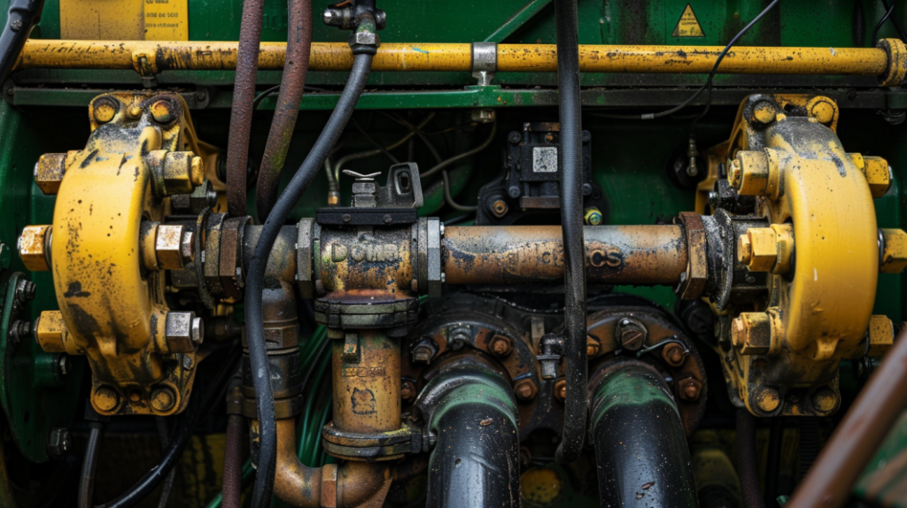 a close-up view of a John Deere 4020 tractor's fuel system, focusing on the fuel filter, fuel pump, and fuel lines to illustrate common fuel system issues and solutions.