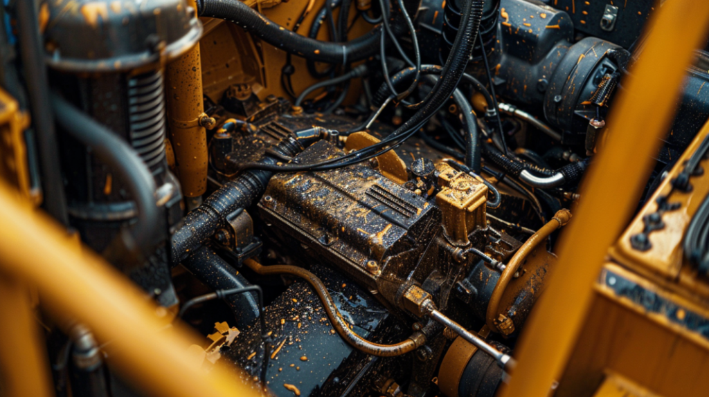 John Deere 325G compact track loader with a close-up of the engine compartment, highlighting common mechanical issues like leaks, worn parts, and electrical problems.