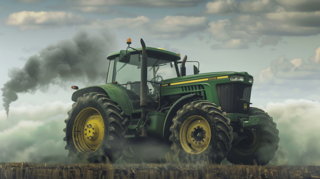 John Deere 5105 tractor with a flat tire, leaking oil, and smoke coming from the engine, symbolizing common problems.