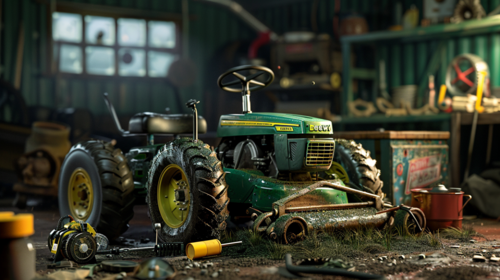 John Deere D110 lawnmower with a highlighted flat tire, clogged air filter, and a dirty spark plug. Includes tools like a tire pump, air filter, and spark plug cleaner.