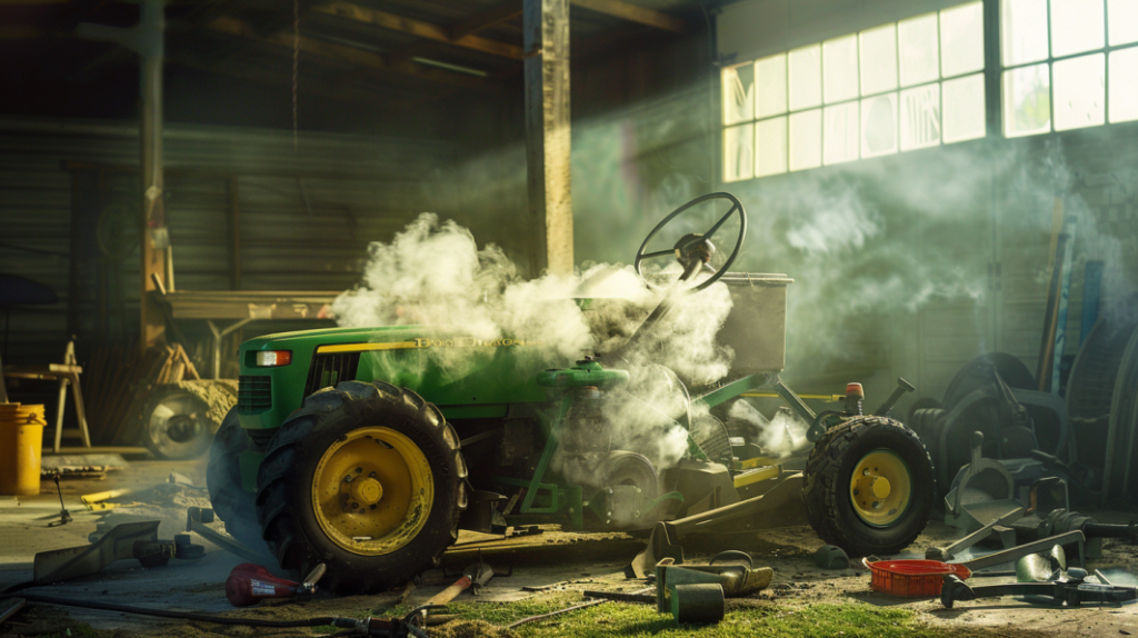 John Deere D110 lawn mower with smoke billowing out of the engine compartment, surrounded by tools, indicating engine problems and solutions.