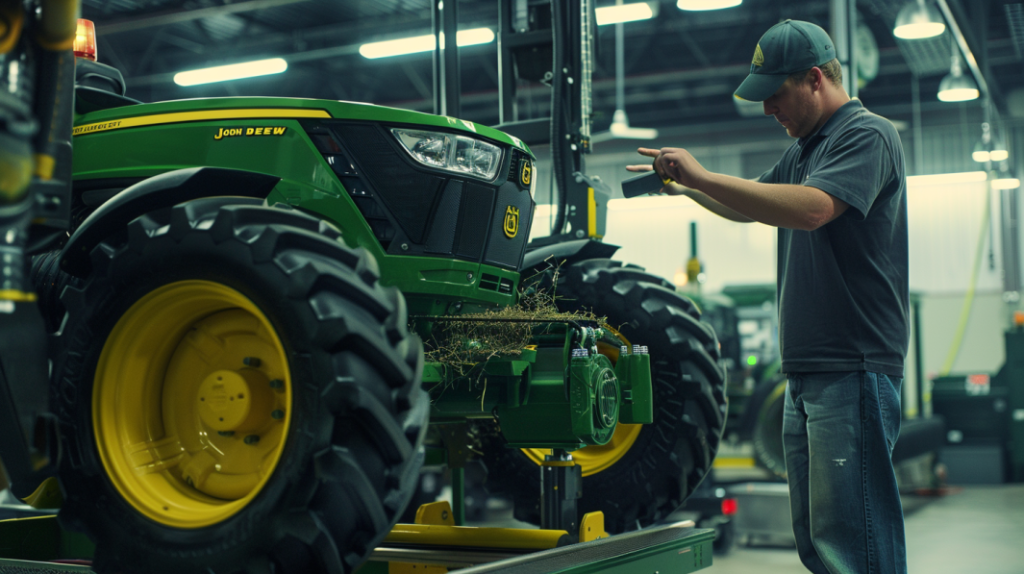 John Deere D110 riding mower with a technician inspecting the transmission system. The technician is pointing to a damaged transmission belt, while the mower is on a lift.