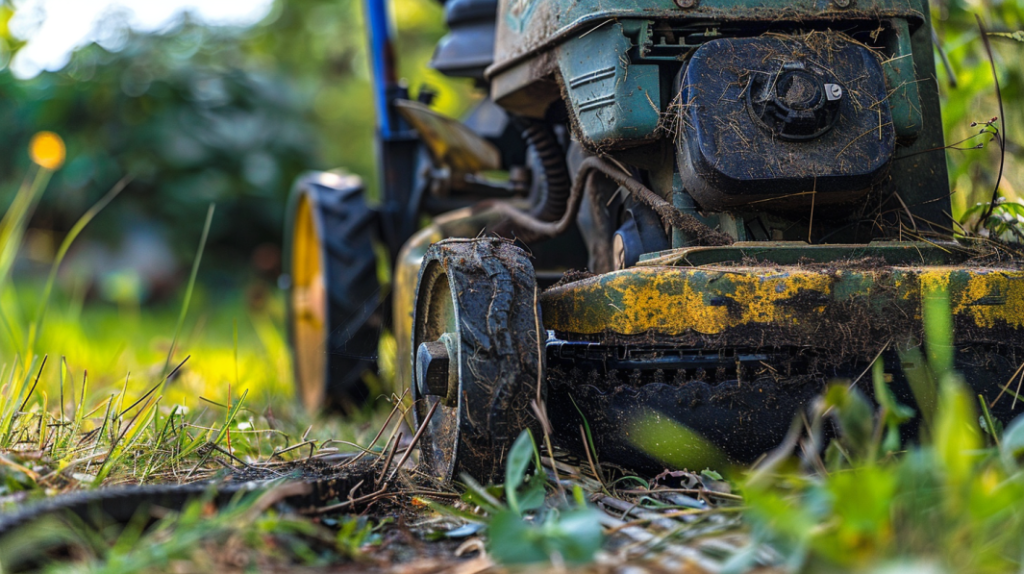 John Deere LA105 mower with a worn-out belt visibly slipping off the pulleys, highlighting the need for regular maintenance to prevent belt wear and tear issues.