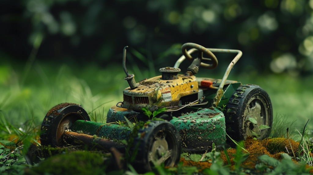 John Deere LA105 lawn mower with a clogged air filter, dull blades, and leaking oil. Includes a worn-out spark plug and dirty fuel filter.