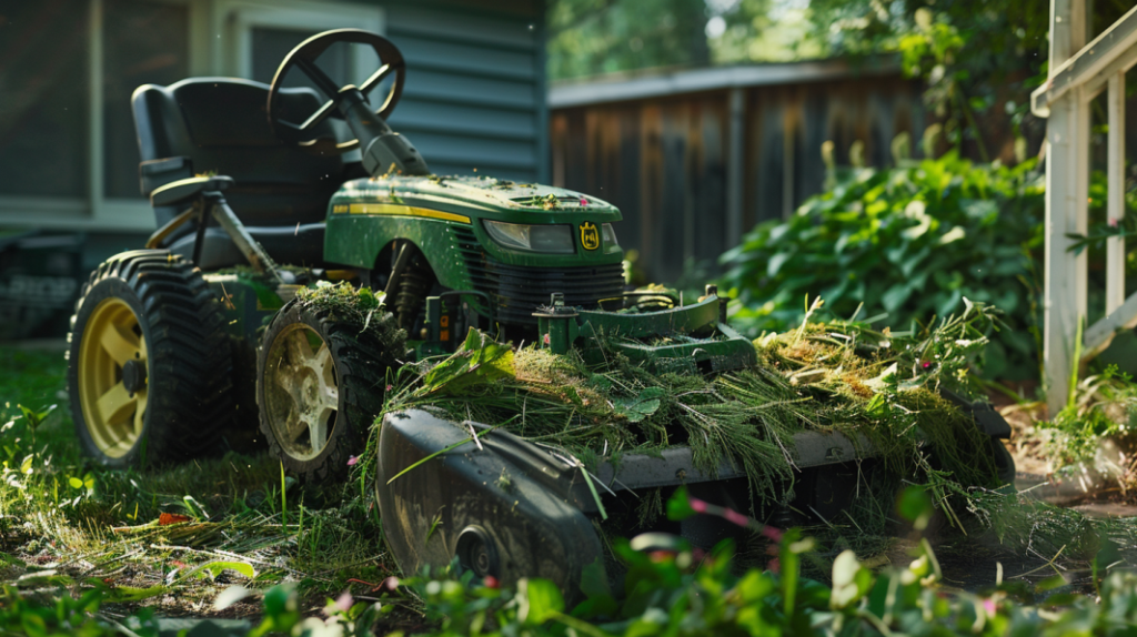 John Deere Z335E riding mower with a visibly clogged mower deck, grass clippings stuck in the blades, and a tangled belt. Displays tools nearby for troubleshooting and fixing common mower deck issues.