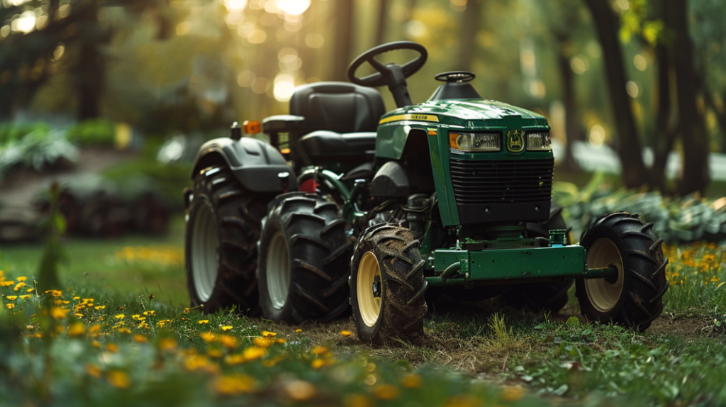 John Deere Z515E riding mower with a focus on the transmission area. Highlights common transmission problems like slipping, grinding noises, and fluid leaks