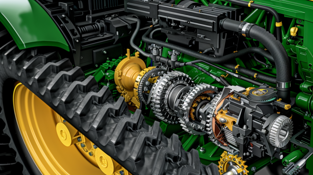 John Deere 2020 tractor with a zoomed-in view of the transmission system. Highlights common transmission issues like slipping gears, leaks, and gears not engaging. Include tools for fixing.