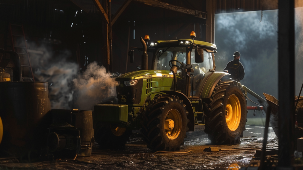 John Deere 3039R tractor with an open hood, displaying smoke coming from the engine. Includes a mechanic inspecting the engine components closely.