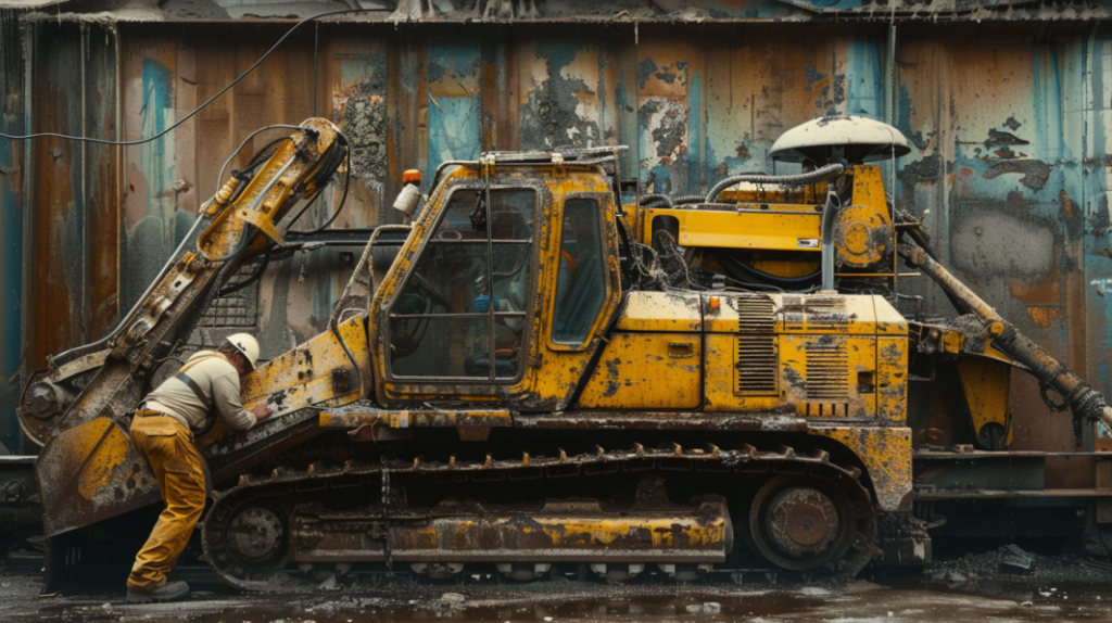 John Deere 317G compact track loader with a visibly damaged hydraulic system, leaking fluids, and a technician inspecting the machine's engine compartment.