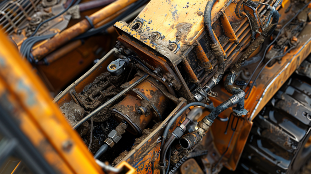 John Deere 325G compact track loader with a close-up of the engine compartment. Highlights areas prone to leaks, wear, or corrosion, such as hoses, belts, and connectors.