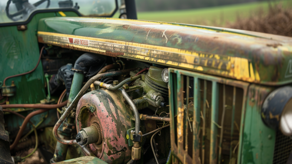 John Deere 4230 tractor with a visible hydraulic system fault, such as leaking hoses or low fluid levels. Includes detailed close-ups of the system components for a troubleshooting guide blog post.