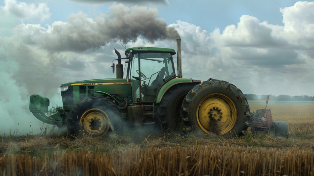 John Deere 4300 tractor with a leaking hydraulic hose, a smoking engine, and a flat tire to illustrate common problems faced by owners.