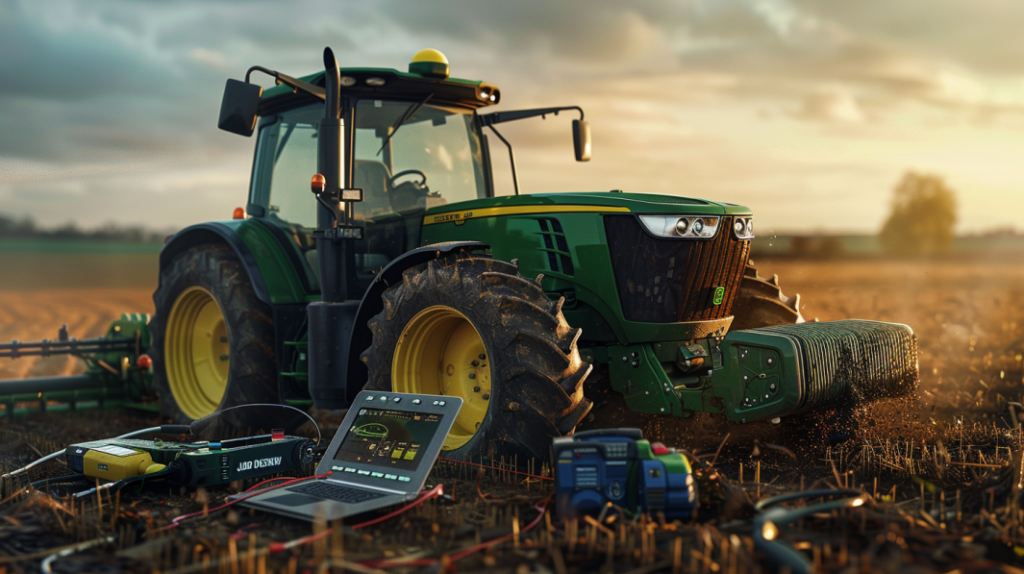 John Deere 4320 experiencing electronic glitches like a malfunctioning display screen or error codes, alongside tools like a multimeter and laptop