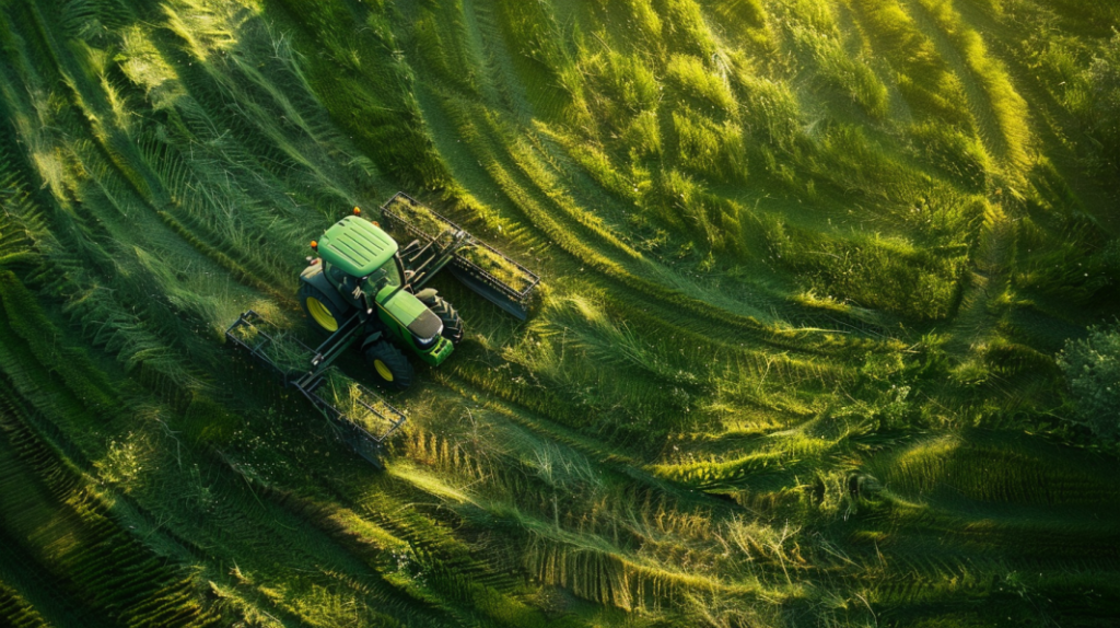 John Deere 4320 tractor with unevenly cut grass, visible patches, and uneven height. Includes a mechanic inspecting the blades and adjusting the cutting deck.