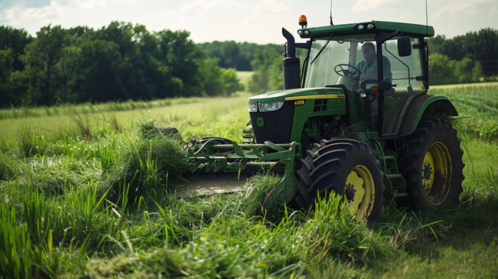 John Deere 4320 tractor with unevenly cut grass, dull blades, and clogged discharge chute. Includes a mechanic inspecting the blades and clearing the chute for a blog post on troubleshooting cutting quality concerns.