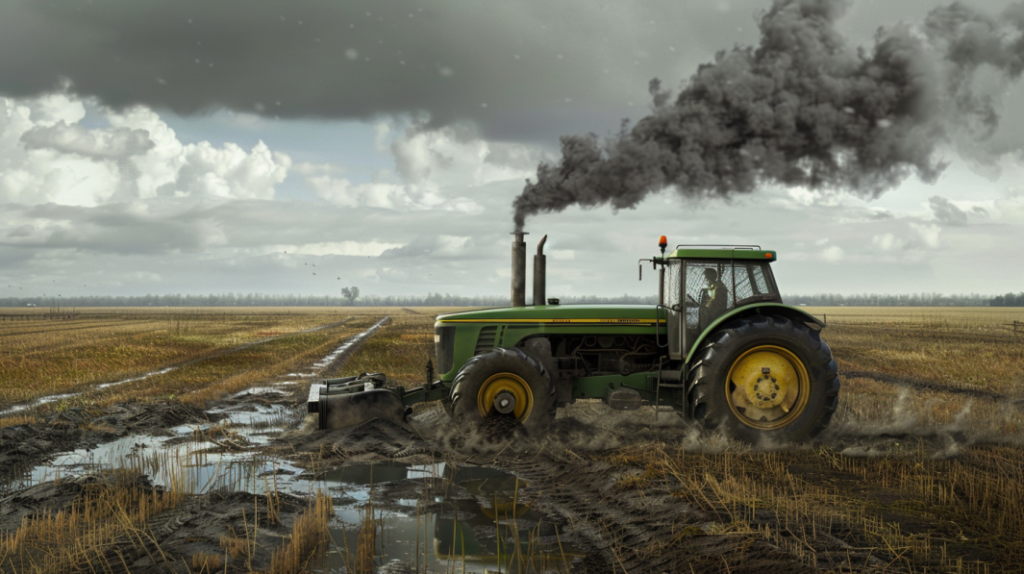 John Deere 4630 tractor in a field with a cloud of black smoke coming from its exhaust pipe, surrounded by a puddle of oil underneath the engine.