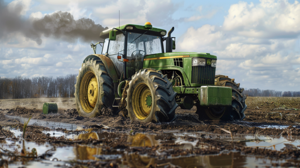 John Deere 4640 tractor with a smoking engine, leaking fluids, and a flat tire in a muddy field. Include a frustrated farmer scratching their head.