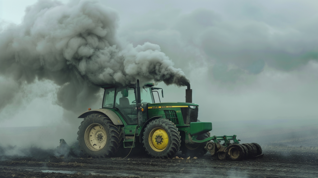 John Deere 4720 tractor with a cloud of smoke coming from the engine, leaking hydraulic fluid, and a flat tire, highlighting common problems faced by owners.