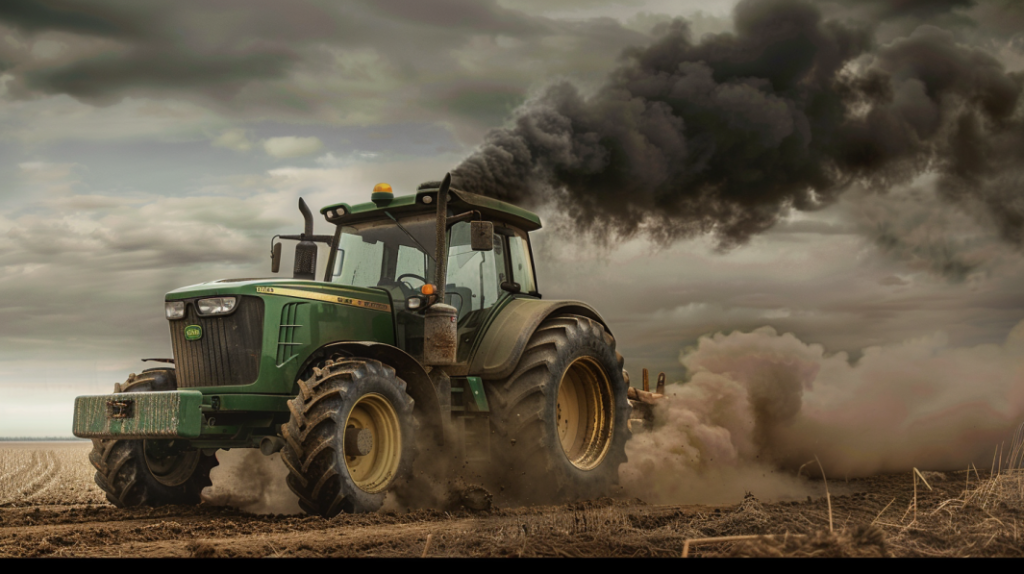 John Deere 5115M tractor with a cloud of black smoke coming out of the exhaust pipe, oil leaking from the engine, and a flat tire. Display the frustration of a farmer dealing with multiple issues.