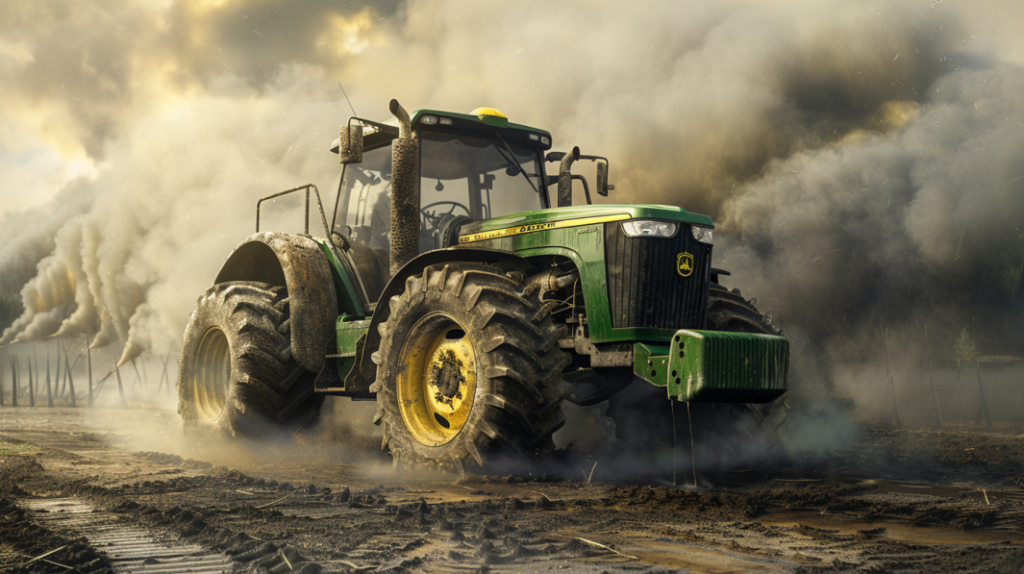 John Deere 590I utility vehicle with a flat tire, leaking fluids, and a cloud of smoke coming from the engine. Include a frustrated farmer inspecting the vehicle.