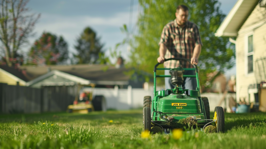 John Deere LA105 lawnmower with a clogged air filter, dirty spark plug, and old fuel, causing it to lose power. Includes a frustrated homeowner looking at the mower.