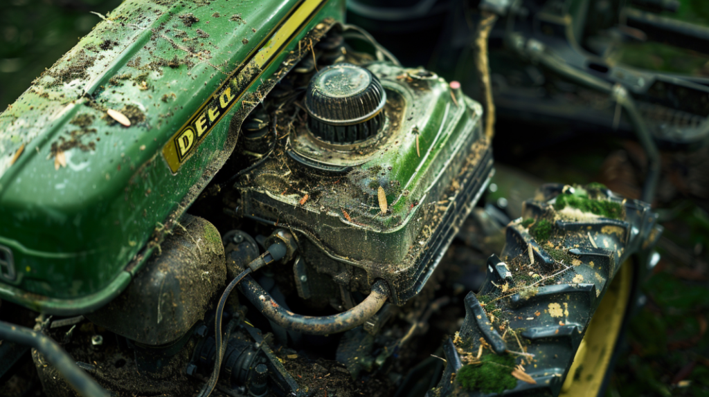 John Deere X580 mower with a clogged air filter, dirty spark plug, and worn-out drive belt, all contributing to loss of power. Includes close-up shots of each issue.