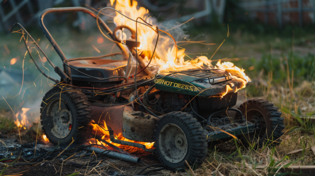 John Deere Z225 lawn mower with a tangled, frayed electrical wiring harness near the engine, sparking a small fire. Displays clear signs of corrosion and overheating.