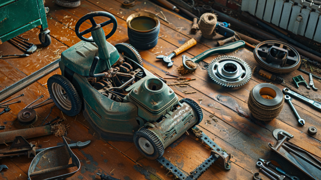 John Deere Z225 lawnmower with a detached or worn-out belt and blades. Illustrate maintenance tools like wrenches, grease, and replacement parts nearby.