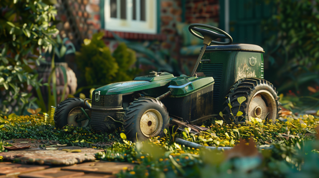 John Deere Z225 lawn mower with a visibly loose or broken steering wheel, accompanied by a tilted or misaligned front wheel, displaying common steering and suspension concerns.