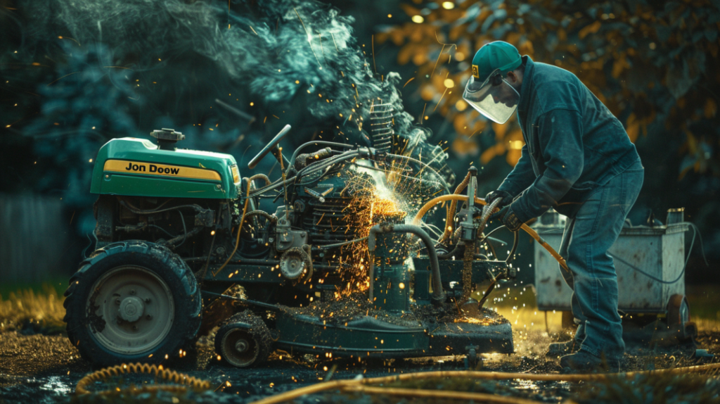 John Deere Z335E riding mower with a tangled and frayed electrical wiring harness near the engine, sparking and smoke coming out, with a mechanic inspecting and troubleshooting the issue.