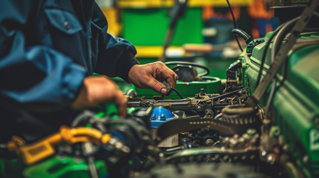 John Deere Z335E riding mower with a technician diagnosing transmission issues, highlighting parts like the gear shift, drive belt, and pulleys for a blog post on troubleshooting and fixes.