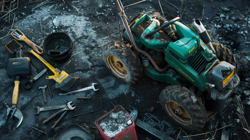 John Deere Z515E mower with a fuel system problem: leaking fuel line, clogged fuel filter, and dirty carburetor. Include tools like wrenches, pliers, and a fuel can.