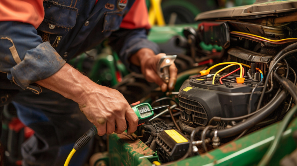 John Deere Z515E mower with a dead battery, a loose or damaged wiring harness, and a blown fuse. Including a voltmeter testing the battery and a technician inspecting the electrical system.