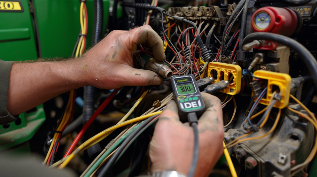 a close-up of a John Deere 3010 tractor's wiring harness with exposed wires and a multimeter testing for electrical continuity. Include tools like wire strippers and electrical tape nearby.