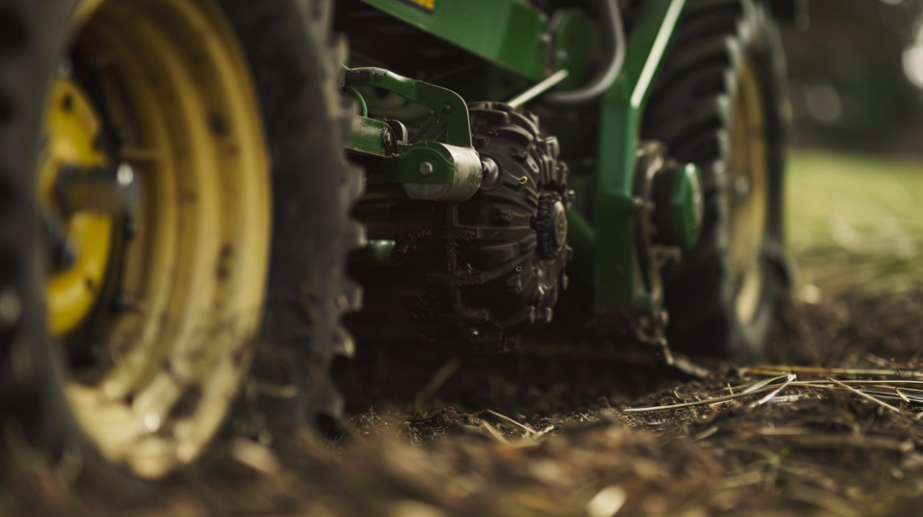 a close-up of a John Deere D105 riding mower with a focus on the gear shifting lever. Shows a frustrated person trying to shift gears, highlighting the complexity of the transmission system.