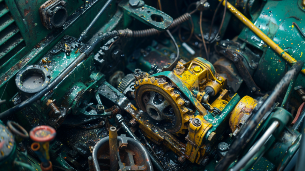 a close-up of a John Deere D105 transmission with visible wear and tear, leaking fluids, and loose connections. Includes tools like wrenches and screwdrivers nearby for troubleshooting reference.