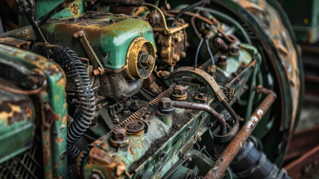 a close-up of a John Deere 3010 tractor's engine with visible mechanical issues like leaking oil, worn-out belts, and rusted parts for a blog post on common mechanical problems and fixes.