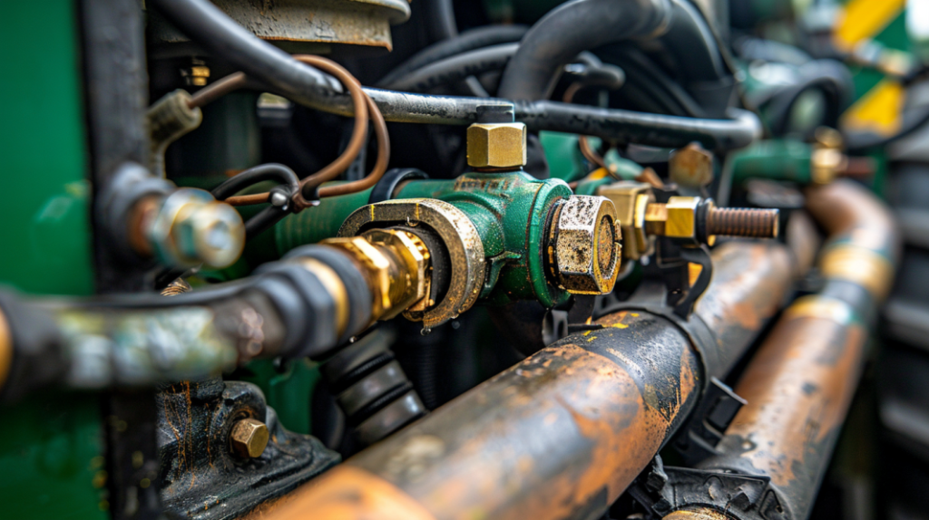 a close-up of a John Deere D105 lawn tractor's hydraulic system with visible leaks, damaged hoses, and a disconnected transmission line