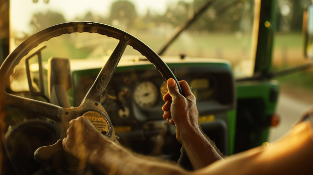 a close-up of a John Deere 2020 tractor's steering wheel with a blurred background of a farm setting. Includes hands gripping the wheel and a subtle indication of steering issues.