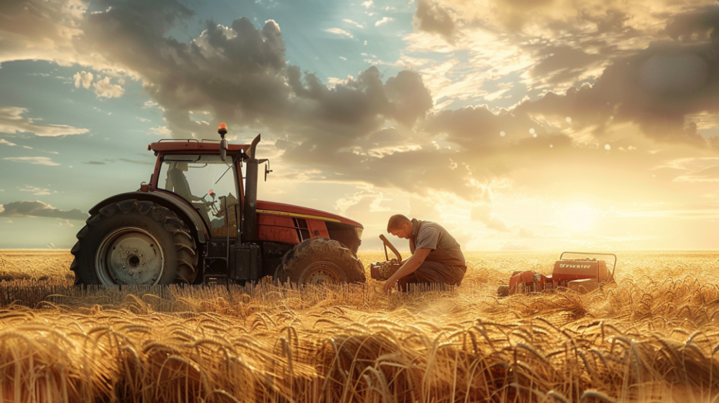 a farmer frustrated with a broken-down John Deere tractor in a vast, sunlit wheat field. The farmer is surrounded by tools, spare parts, and a manual.