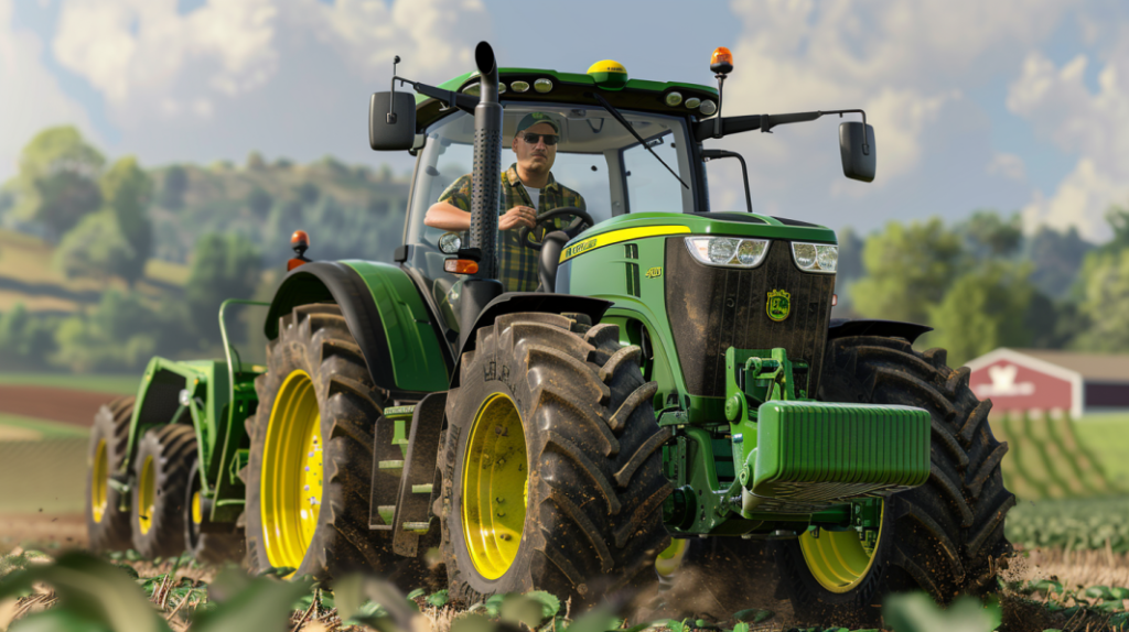 a farmer operating a John Deere 4230 tractor with a slow or erratic response. The farmer looks frustrated while trying to adjust the controls. The background features a farm setting with crops and a clear sky.