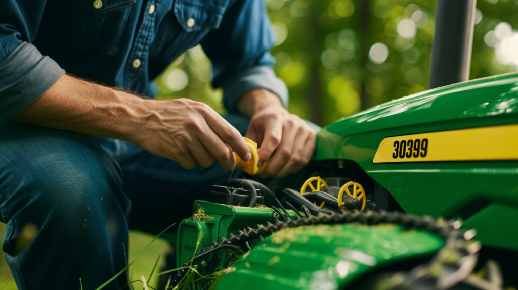 a person inspecting the mower deck of a John Deere 3039R tractor. Shows them checking the blades, belts, and pulleys for wear and tear.