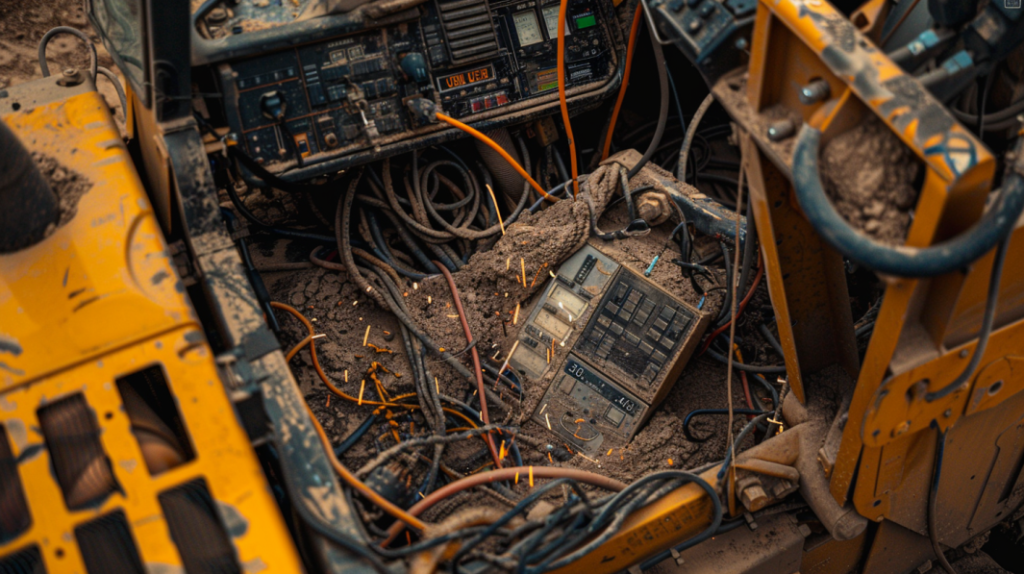 John Deere 325G skid steer with visible electrical faults: sparking wires, flickering lights, and a non-functioning control panel.